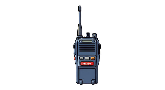 Portable two way radio transceiver with emergency button on black background