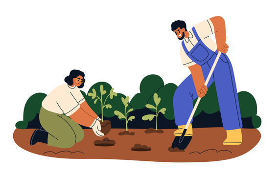 Farmers planting seedlings in garden, rural farm work. Man and woman digging soil and growing plants in field. Countryside agriculture. Flat vector illustration isolated on white background