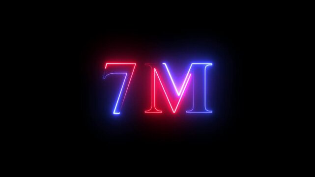 7 m neon sign glowing animation, vibrant red and blue electric light effect on black background, for social media, milestone celebration