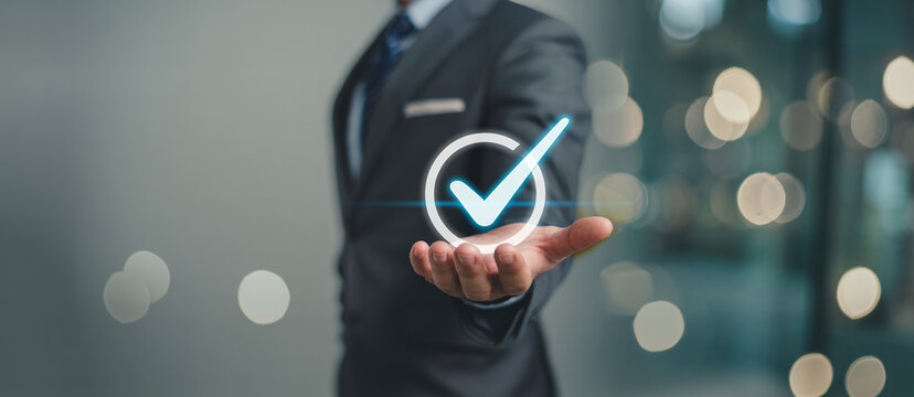 Man presenting check mark symbol, confirmation and approval concept, success and positive feedback icon.