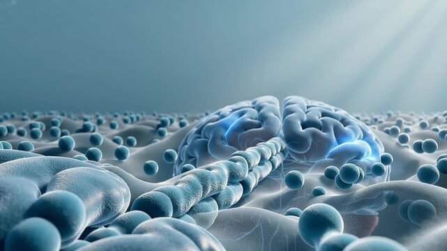 Conceptual macro landscape of a glowing human brain connected by braided neural fibers, medical neurology visualization with clean copy space
