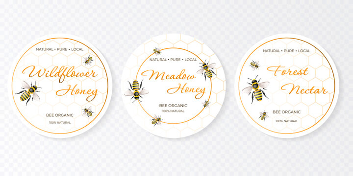 Honey shop badges design with bees, honeycombs and text in white and yellow colours isolated on transparent background. Bee honey labels. Branding objects for honey shops. Vector illustration. 