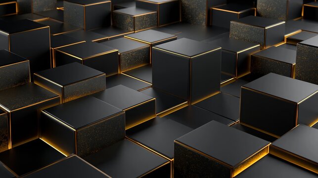 Abstract composition featuring matte black cubes with glowing golden edges arranged in a modern pattern