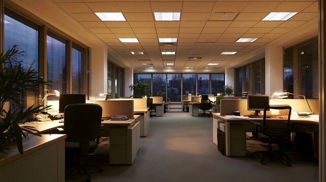 A modern professionally lit office hallway features rows of contemporary desks and glass partitions creating a spacious and organized corporate