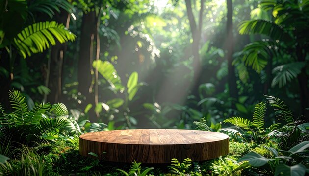 Enchanting Jungle Podium Bathed in Golden Sunbeams.
