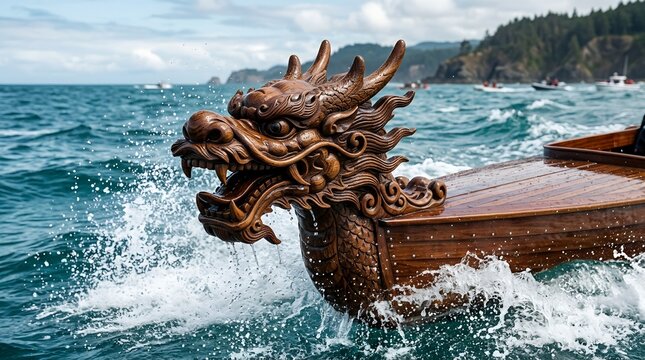 Intricately carved and vibrantly painted wooden dragon head on the prow of a traditional boat, symbolizing strength and heritage during the colorful Dragon Boat Festival celebrations.