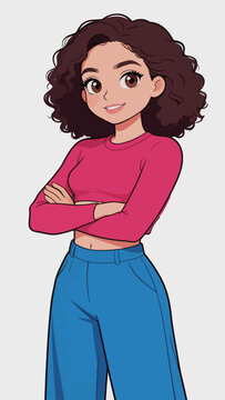 Cartoon young woman with curly hair posing with crossed arms