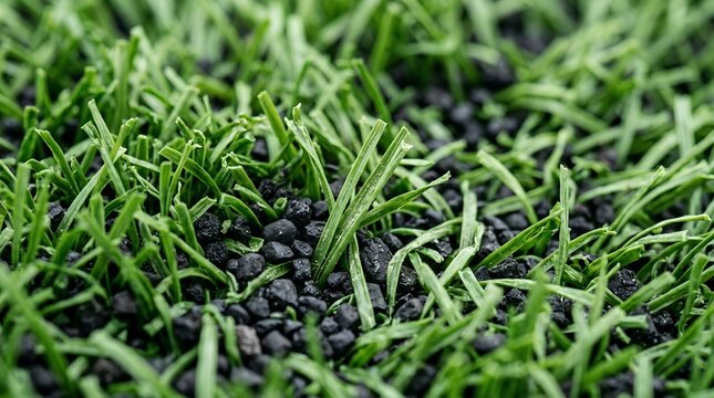 Detailed Close Up of Professional Green Synthetic Turf Stadium Grass with Black Rubber Infill Pellets for Enhanced Cushioning and Durability in Modern Outdoor Sports Arena and Football Field.