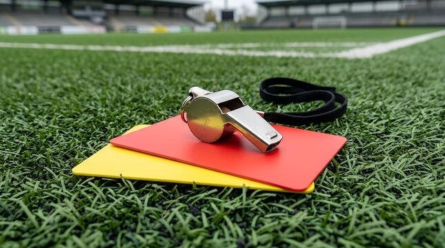 Professional referee equipment featuring a silver whistle resting on vibrant red and yellow penalty cards over a textured dark surface, symbolising fair play, rules, and sports officiating.