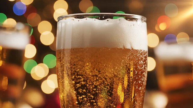 Closeup of Beer Being Poured into a Glass with Bokeh Lights.