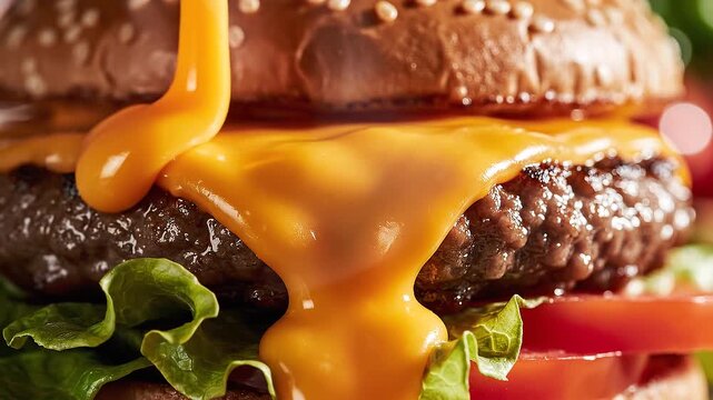 Macro Extreme Close Up Melted Cheese Dripping Hamburge