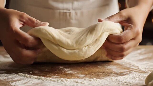 Closeup of hands kneading dough on a floured surface 1.