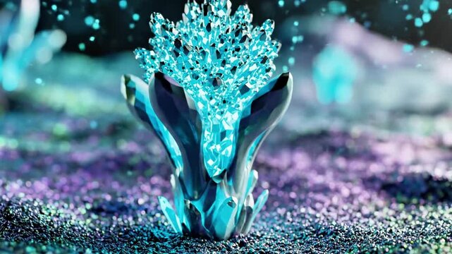 A surreal, glowing blue rabbit head with ears emerges from sparkling particles on a dark background