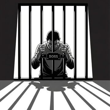 Man behind bars holding boss sign.