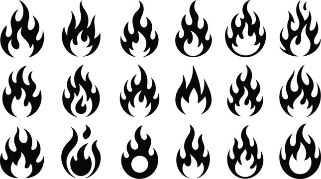 Collection of twenty unique black flame icons with stylized fire shapes, abstract energy symbols, and creative graphic design variations
