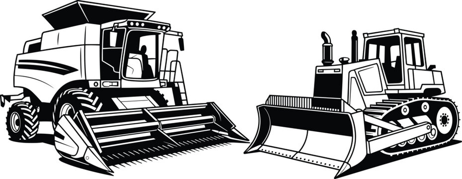 Combine harvester and bulldozer silhouettes, vector illustration of heavy machinery artwork design elements for agriculture and construction industry