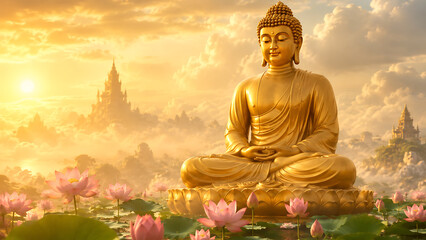 Obraz premium Golden Buddha Statue Sitting Among Lotus Flowers with Warm Temple Silhouette