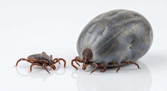 Extreme Close-up Comparison of Unfed and Fully Engorged Ticks on White Background, Parasite Size Difference Concept