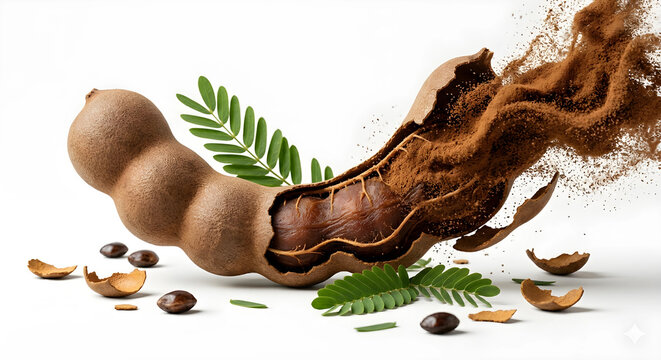 Creative composition of tamarind pod with dynamic powder splash effect and green leaves. Isolated on white background, perfect for spice, ingredient, and food design concepts. AI generated image.