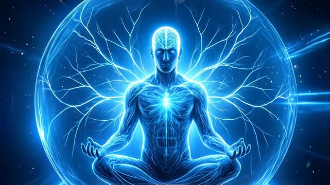 Human silhouette in lotus position with glowing neural network. Concept of mindfulness and mental health. Panning camera movement.