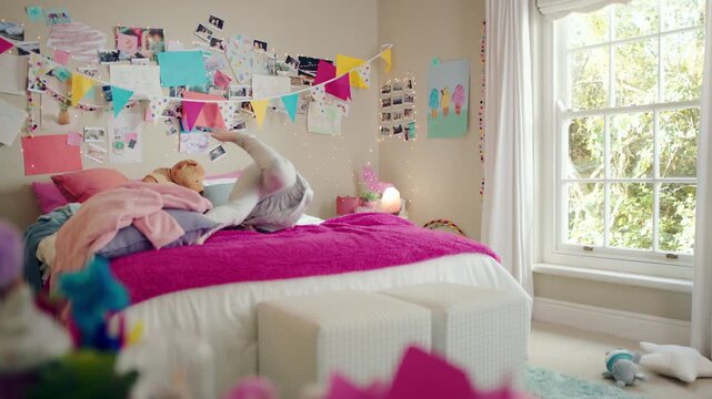 Jump, bed and happy child in home with fun, energy and excited for holiday, game or weekend. Bounce, good mood and back of kid with childhood, funny and celebration for morning in creative bedroom