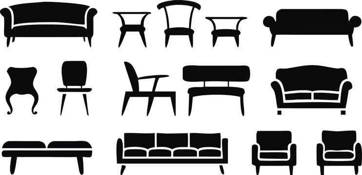 Black silhouettes of furniture on a white background, chair chairs sofa