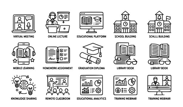 Online education and school line icons collection with elearning webinar and academic vector design
