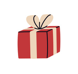 Obraz premium Gift box with ribbon bow decoration. Holiday present wrapped in festive paper wrapping, tied tape decor. Decorated surprise packaging. Flat vector illustration isolated on white background