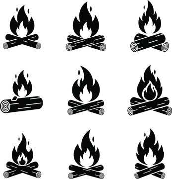 Black and white campfire nine log fire flames logs wood