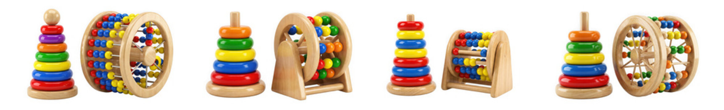 Educational wooden toddler toys colorful stacking rings and abacus isolated on transparent background