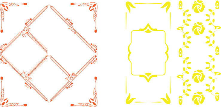 Set of stylish orange outlined frames with intricate floral corners and elegant yellow rose decorative elements