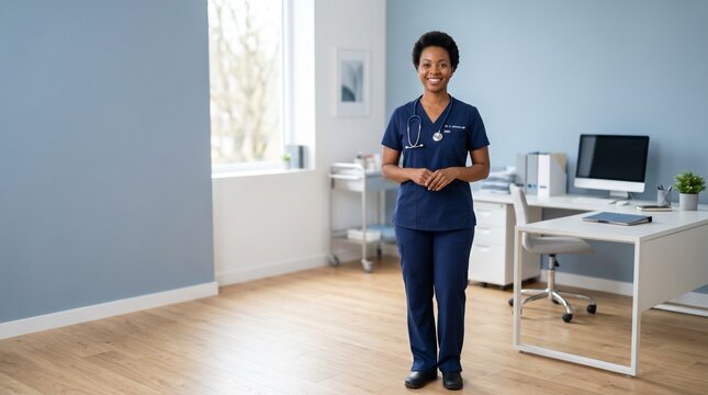 Smiling African American female doctor in scrubs with stethoscope in modern clinic office
