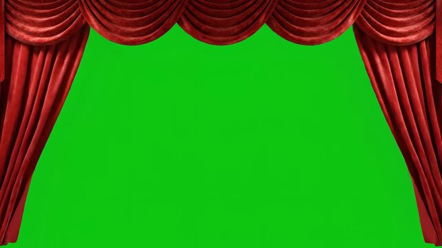 Elegant Red Velvet Stage Curtains Open to Reveal Green Screen Background.