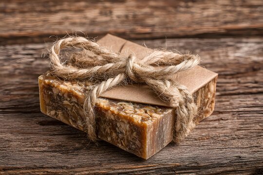 Rustic Handmade Natural Soap Bar Tied With Twine on Wooden Surface