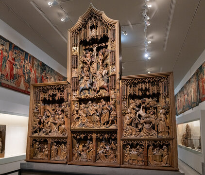 Paris, France - 8 Nov 24: Large Gothic wooden triptych altarpiece, Mus&eacute;e de Cluny Paris