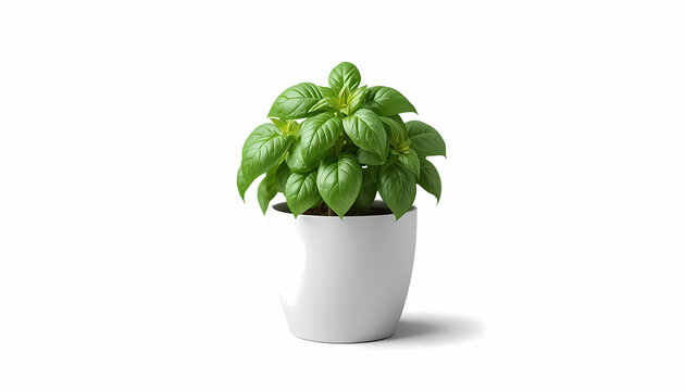 Healthy potted basil plant with large leaves for cooking, white background.