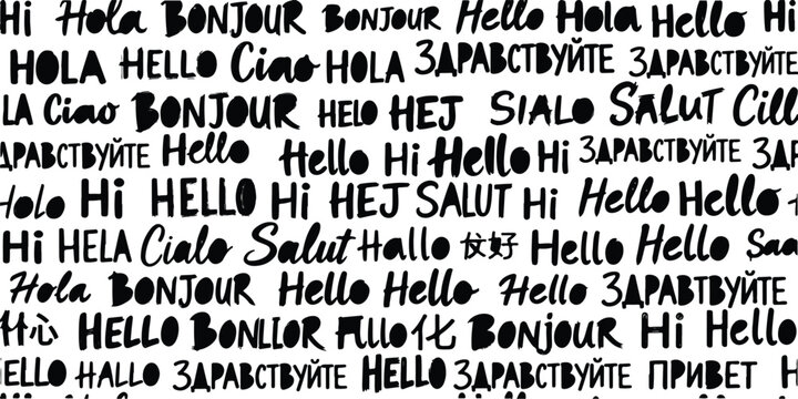 Black and white background with hello greetings in many different world languages