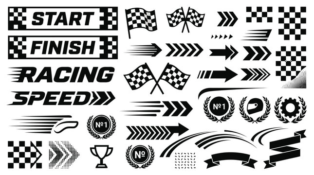 Comprehensive black-and-white racing icon set featuring start/finish banners, checkered flags, arrows, speed symbols, trophies, laurel emblems and related badges for branding and design