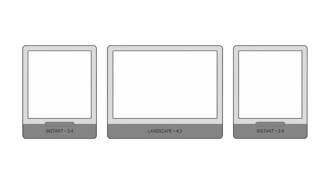 Three empty grey digital photo frames arranged in a row on a white surface, a minimalist modern display ideal for product mockups and photography props