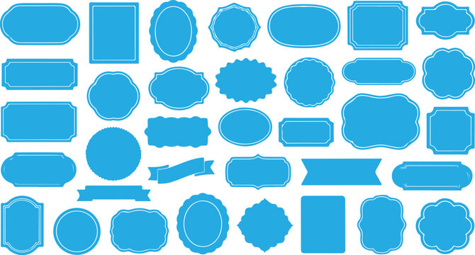 Assortment of decorative blue frames and labels featuring various shapes and elegant borders ideal for design projects