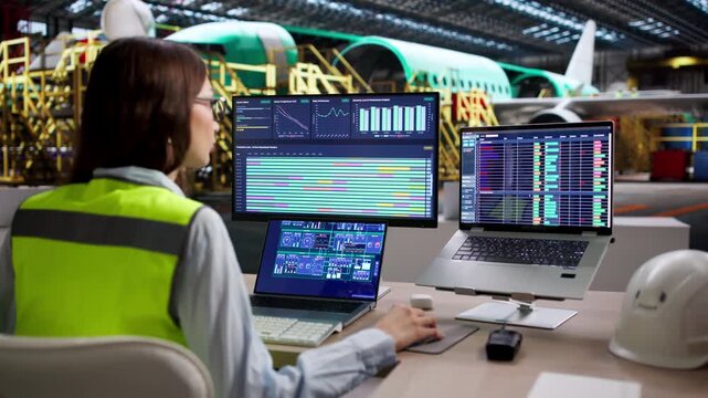 Woman Engineer Monitors Factory Process Using SCADA System