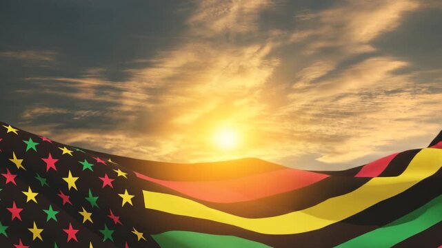 Alternative Juneteenth Flag with sunrise or sunset. Since 1865. Design of Banner with place for text. Video concept.
