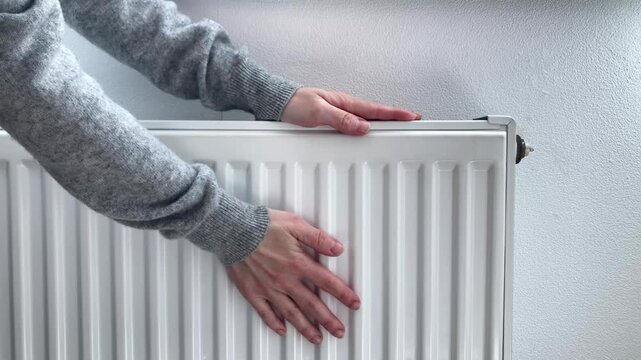 The hands of a woman in a knitted sweater touch the radiator section. Winter period, concern for home comfort and the importance of proper operation of the heating system in the cold season