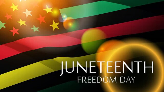 Waving Alternative Juneteenth Flag with Lens Flare and text. Since 1865. Design of Banner. Black history month. Video concept.
