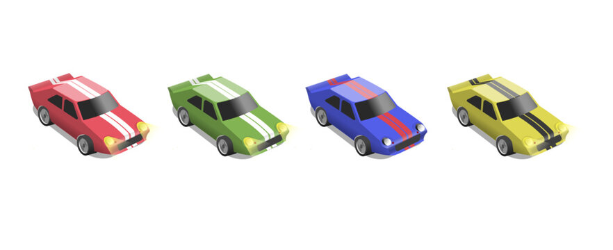Isometric Stylized sports car set in different colors - vector illustration with racing stripes and glowing headlights and spinning wheels