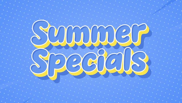 Animated summer specials text appearing on a blue pop art background. Ideal for retail promotions, advertising, and seasonal discounts