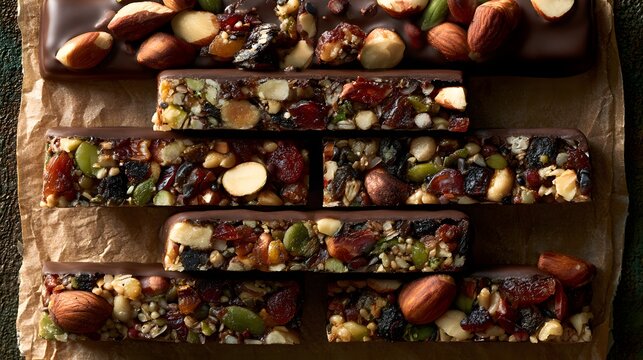 Chocolate snack bars with mixed nuts and dried fruit