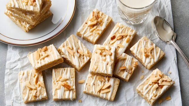 Almond cookies with white glaze, served with milk