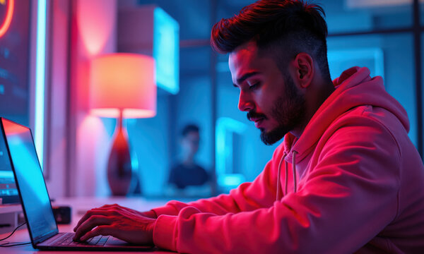 Programmer laptop neon South Asian man in pink hoodie coding on a laptop in a vibrant neon lit workspace