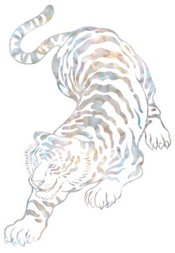 Traditional Korean Tiger Illustration, Mother of Pearl Najeon Chilgi Inlay Style, Oriental Vintage Engraving Art, Cultural Heritage Graphic Resource